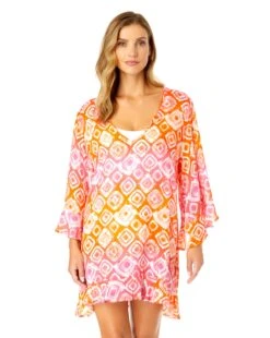 Women's Tie Dye Foulard Flounce V Neck Tunic Swimsuit Cover Up(Womens Tie Dye Foulard Flounce V Neck Tunic Swimsuit Cover Up)