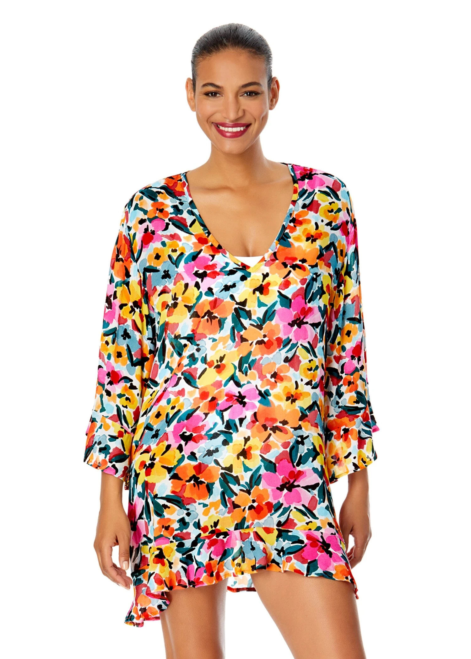 Women's Gradient Floral Flounce V Neck Tunic Swimsuit Cover Up(Womens Gradient Floral Flounce V Neck Tunic Swimsuit Cover Up) 1 Women's Gradient Floral Flounce V Neck Tunic Swimsuit Cover Up(Womens Gradient Floral Flounce V Neck Tunic Swimsuit Cover Up)