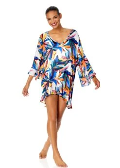 Women's Riviera Floral Flounce V Neck Tunic Swimsuit Cover Up(Womens Riviera Floral Flounce V Neck Tunic Swimsuit Cover Up) -Anne Cole Store 25MC51015 MULT 096