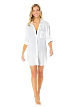 Women's Live In Color Button Down Shirt Swimsuit Cover Up(Womens Live In Color Button Down Shirt Swimsuit Cover Up 2) -Anne Cole Store 25MC53001 WHT White 150