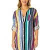 Women's Barcode Stripe Button Down Shirt Swimsuit Cover Up(Womens Barcode Stripe Button Down Shirt Swimsuit Cover Up) -Anne Cole Store 25MC530101 MULT 1633