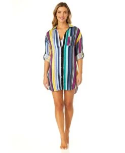 Women's Barcode Stripe Button Down Shirt Swimsuit Cover Up(Womens Barcode Stripe Button Down Shirt Swimsuit Cover Up) -Anne Cole Store 25MC530101 MULT 1633 f1203052 afcc 43f1 846a 3c8c8b21c095