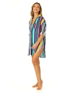 Women's Barcode Stripe Button Down Shirt Swimsuit Cover Up(Womens Barcode Stripe Button Down Shirt Swimsuit Cover Up) -Anne Cole Store 25MC530101 MULT 1637