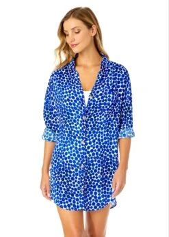 Women's Denim Dot Button Down Shirt Swimsuit Cover Up(Womens Denim Dot Button Down Shirt Swimsuit Cover Up)