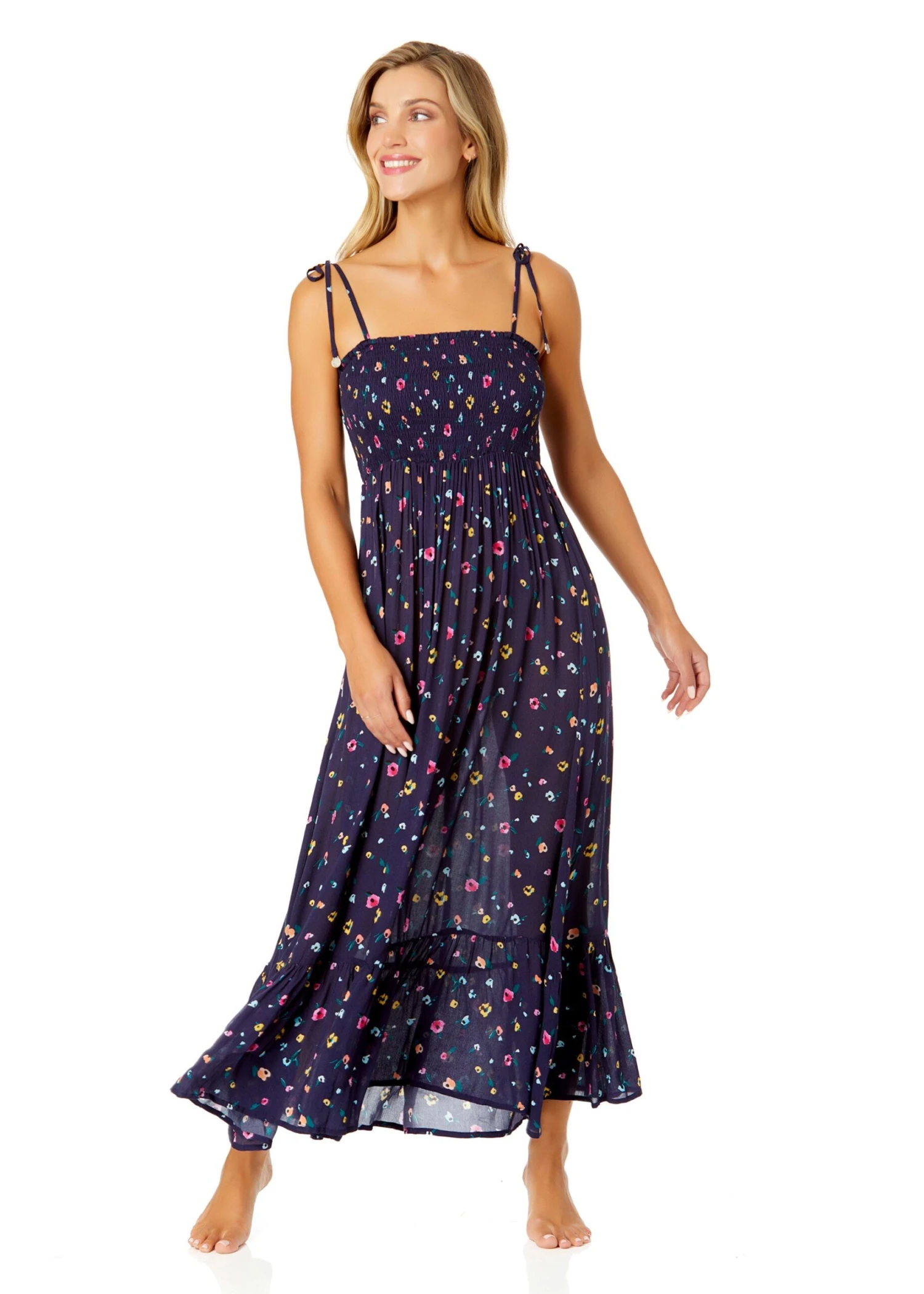 Women's Gradient Floral Smocked Shoulder Tie Dress Cover Up(Womens Gradient Floral Smocked Shoulder Tie Dress Cover Up) 1 Women's Gradient Floral Smocked Shoulder Tie Dress Cover Up(Womens Gradient Floral Smocked Shoulder Tie Dress Cover Up)