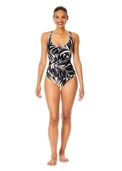 Women's Palm Chic V-Wire One Piece Swimsuit(Womens Palm Chic V Wire One Piece Swimsuit) -Anne Cole Store 25MO07045 BKWH 2497