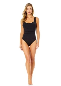 Women's Live In Color Square Neck Shirred One Piece Swimsuit(Womens Live In Color Square Neck Shirred One Piece Swimsuit) -Anne Cole Store 25MO08001 BLK NoireBlack 067