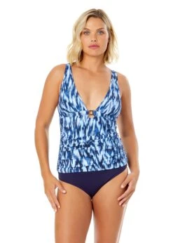 Women's Tie Dye Ikat Ring Plunge Tankini Swim Top(Womens Tie Dye Ikat Ring Plunge Tankini Swim Top)