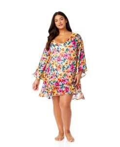 Women's Plus Gradient Floral Flounce V Neck Tunic Swimsuit Cover Up(Womens Plus Gradient Floral Flounce V Neck Tunic Swimsuit Cover Up) -Anne Cole Store 25PC51013 MULT 1637