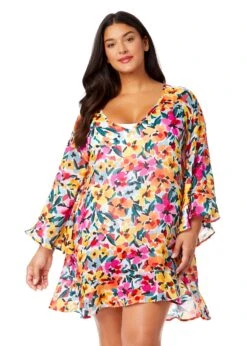 Women's Plus Gradient Floral Flounce V Neck Tunic Swimsuit Cover Up(Womens Plus Gradient Floral Flounce V Neck Tunic Swimsuit Cover Up)