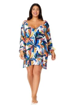 Women's Plus Riviera Floral Flounce V Neck Tunic Swimsuit Cover Up(Womens Plus Riviera Floral Flounce V Neck Tunic Swimsuit Cover Up) -Anne Cole Store 25PC51015 MULT 3061