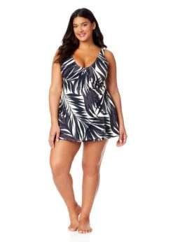 Women's Plus Palm Chic Surplice Twist Skirted Swimdress(Womens Plus Palm Chic Surplice Twist Skirted Swimdress) -Anne Cole Store 25PD61845 BKWH 845