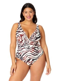Women's Plus Tiger Dance Plunge Twist One Piece Swimsuit(Womens Plus Tiger Dance Plunge Twist One Piece Swimsuit)
