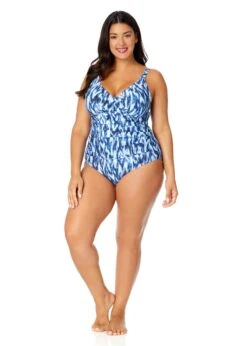 Women's Plus Tie Dye Ikat Hidden Underwire Drape Front One Piece Swimsuit(Womens Plus Tie Dye Ikat Hidden Underwire Drape Front One Piece Swimsuit) -Anne Cole Store 25PO08768 BLWH 3007