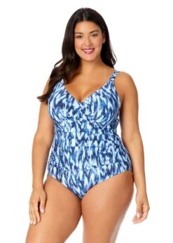 Women's Plus Tie Dye Ikat Hidden Underwire Drape Front One Piece Swimsuit(Womens Plus Tie Dye Ikat Hidden Underwire Drape Front One Piece Swimsuit)