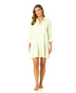 Women's Button Front Long Sleeve Tiered Dress Cover Up(Womens Button Front Long Sleeve Tiered Dress Cover Up) -Anne Cole Store CU15865 ISLANDSTRIPELIME 1559