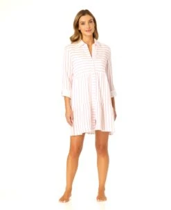 Women's Button Front Long Sleeve Tiered Dress Cover Up(Womens Button Front Long Sleeve Tiered Dress Cover Up 1) -Anne Cole Store CU15865 ISLANDSTRIPEPINK 1584
