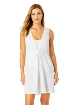 Women's V Neck Dress With Drawstring Waist Detail Cover Up(Womens V Neck Dress With Drawstring Waist Detail Cover Up) -Anne Cole Store CU181705 BRIGHT WHITE 1242 FRONT