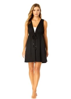 Women's V Neck Dress With Drawstring Waist Detail Cover Up(Womens V Neck Dress With Drawstring Waist Detail Cover Up 1) -Anne Cole Store CU181705 METERORITE 1220