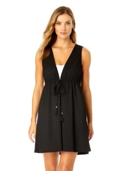 Women's V Neck Dress With Drawstring Waist Detail Cover Up(Womens V Neck Dress With Drawstring Waist Detail Cover Up 1) -Anne Cole Store CU181705 METERORITE 1220 FRONT