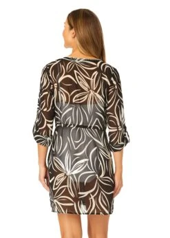 Women's V Neck Roll Tab Sleeve Pocket Dress Cover Up(Womens V Neck Roll Tab Sleeve Pocket Dress Cover Up) 10 Women's V Neck Roll Tab Sleeve Pocket Dress Cover Up(Womens V Neck Roll Tab Sleeve Pocket Dress Cover Up) -Anne Cole Store CU2955 MONO FLORAL 1419 BACK