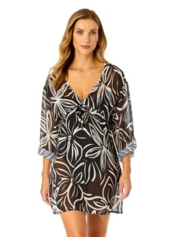 Women's V Neck Roll Tab Sleeve Pocket Dress Cover Up(Womens V Neck Roll Tab Sleeve Pocket Dress Cover Up) 9 Women's V Neck Roll Tab Sleeve Pocket Dress Cover Up(Womens V Neck Roll Tab Sleeve Pocket Dress Cover Up) -Anne Cole Store CU2955 MONO FLORAL 1538 FRONT