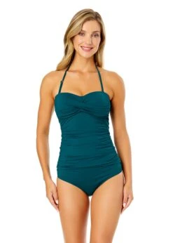 Women's Live In Color Twist Front Bandeaukini Swim Top(Womens Live In Color Twist Front Bandeaukini Swim Top 11) -Anne Cole Store MYMT25001 HUNTR HunterGreen MYMB36001 HUNTR 1871 FRONT