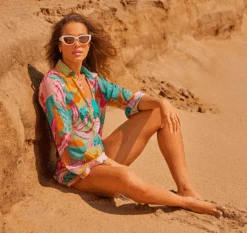 Women's 3/4 Sleeve Tie Open Front Cover Up(Womens 3 4 Sleeve Tie Open Front Cover Up) -Anne Cole Store resizecroppalmkingcoral