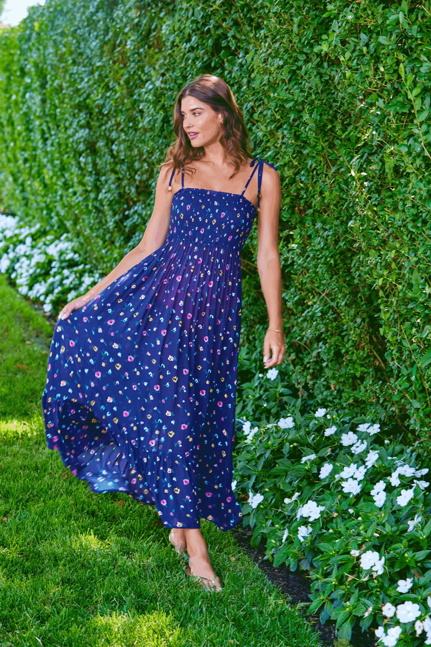 Women's Gradient Floral Smocked Shoulder Tie Dress Cover Up(Womens Gradient Floral Smocked Shoulder Tie Dress Cover Up) 3 Women's Gradient Floral Smocked Shoulder Tie Dress Cover Up(Womens Gradient Floral Smocked Shoulder Tie Dress Cover Up) - Image 3